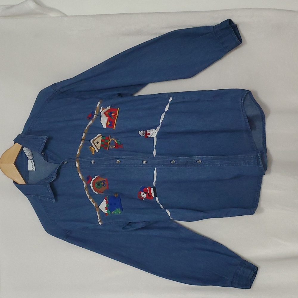 Vintage Cherokee Button Down Embroidery Denim Shirt Size Medium
